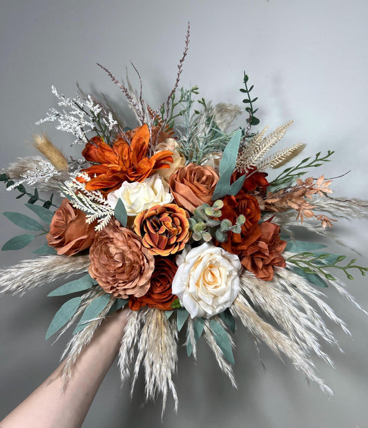 Terracotta Bouquet Wedding Bridal Rust Ivory Bouquet Champagne Bridesmaids Bouquet Burnt Orange Bouquet Rust Pampas Grass Artificial Flower