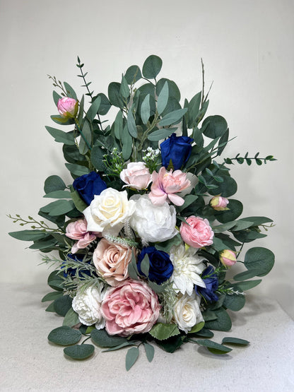 Wedding Aisle Marker Flower Floor Arrangement Whiskey Barrel Décor Pink Blue Ground Arch White Navy Blue Ivory Eucalyptus Dusty Rose