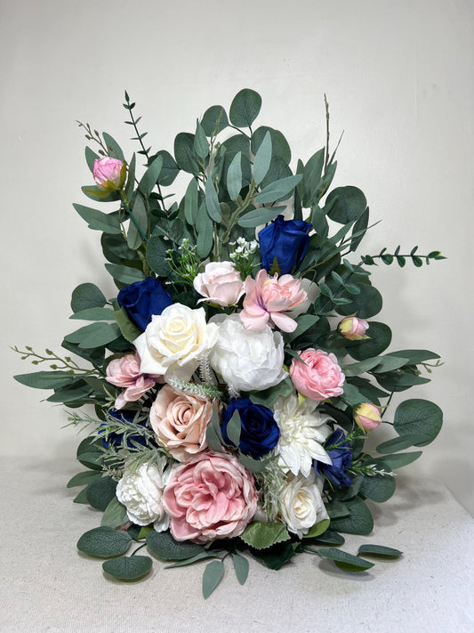 Wedding Aisle Marker Flower Floor Arrangement Whiskey Barrel Décor Pink Blue Ground Arch White Navy Blue Ivory Eucalyptus Dusty Rose