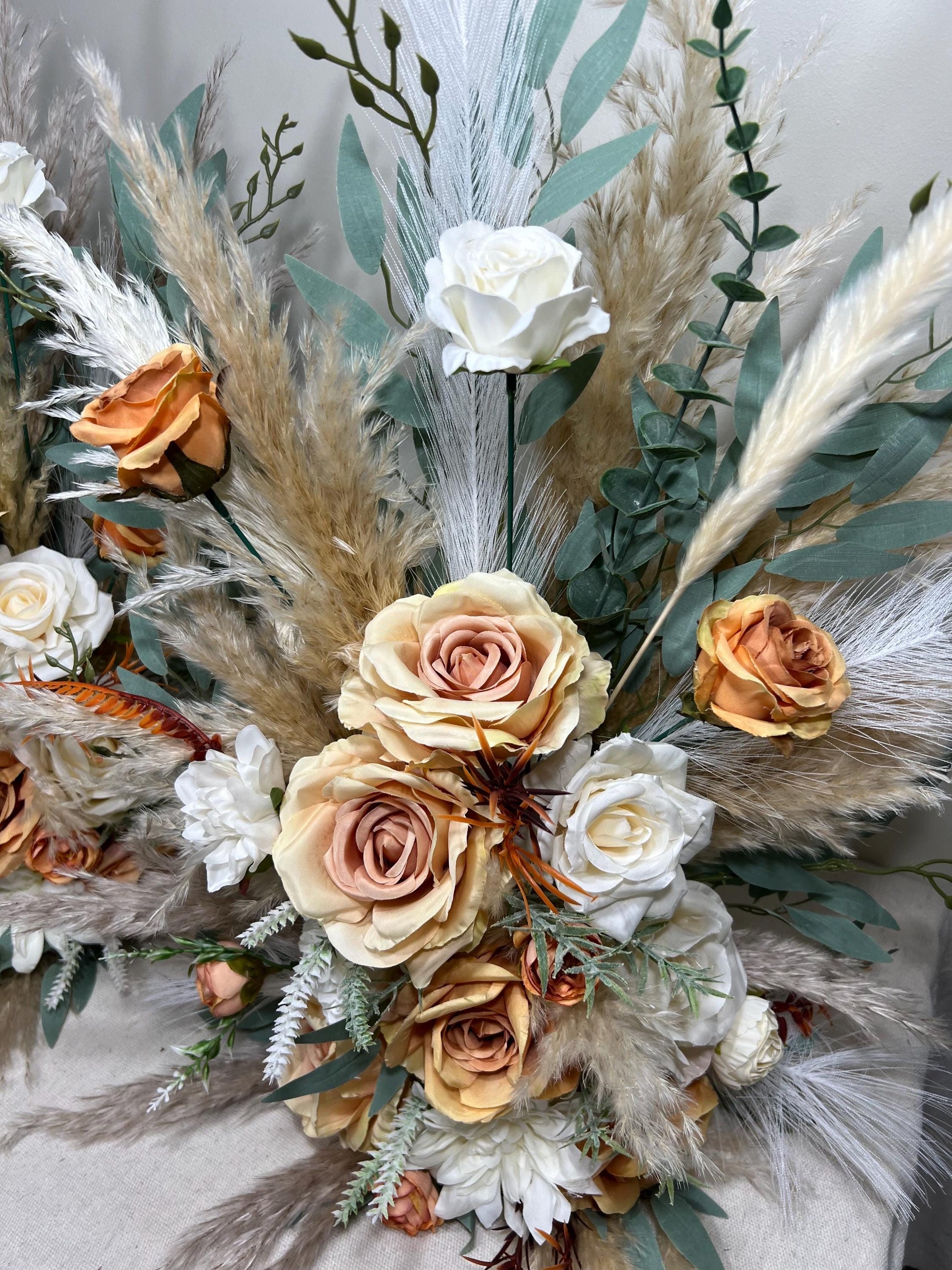 Set of 2 Wedding Aisle Marker Flower Floor Arrangement Barrel Décor Orange White Terracotta Ground Arch