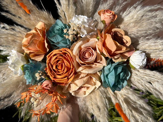 Orange Teal Arch Arrangement Wedding Decor Teal Terracotta Centerpiece Burnt Orange Arbor Arrangement Turquoise Pampas Grass