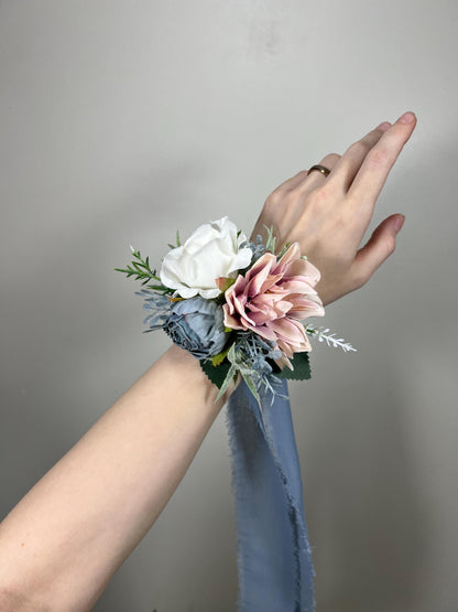 Wedding Blue Corsage White Wedding Wrist Corsage Dusty Rose Bridesmaids Dusty Blue Light Corsage Pink Mom Corsage Artificial Flowers