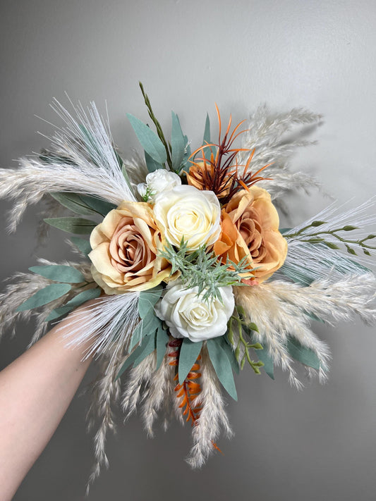 Orange Bouquet Bridal Bouquet White Burnt Orange Ivory Bridesmaids Bouquet Rust Pampas Grass Terracotta Eucalyptus Artificial Flower