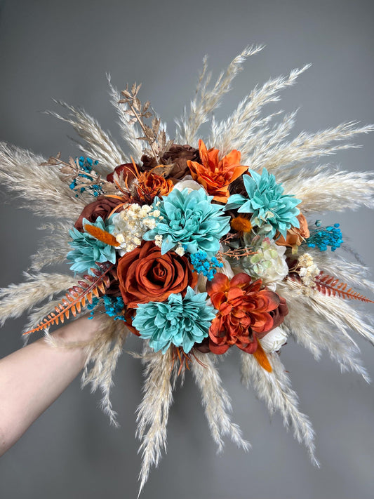 Teal Orange Bouquet Wedding Bridal Terracotta Bridesmaids Bouquet Orange Turquoise Rust Bouquet Burnt Orange Teal Pampas Grass