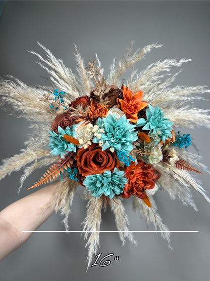 Teal Bouquet Orange Boho Wedding Bridal Terracotta Bridesmaids Bouquet Orange Turquoise Rust Bouquet Burnt Orange Teal Blue Pampas Grass