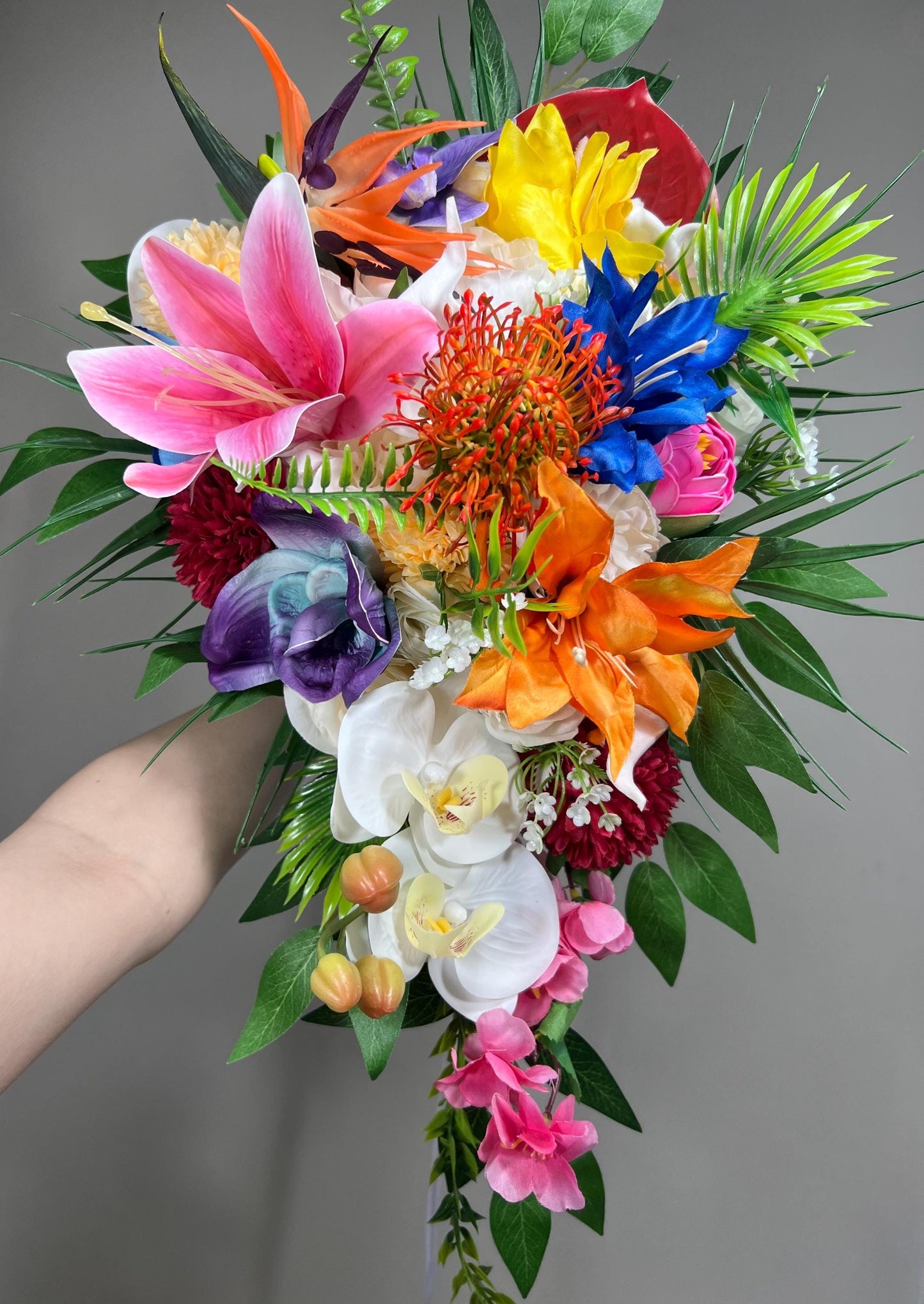 Tropical Bouquet Wedding Fuchsia Orchid Bridesmaids Bouquet Hot Pink Blue Cascade Bouquet Beach White Purple Artificial Flower Reddit
