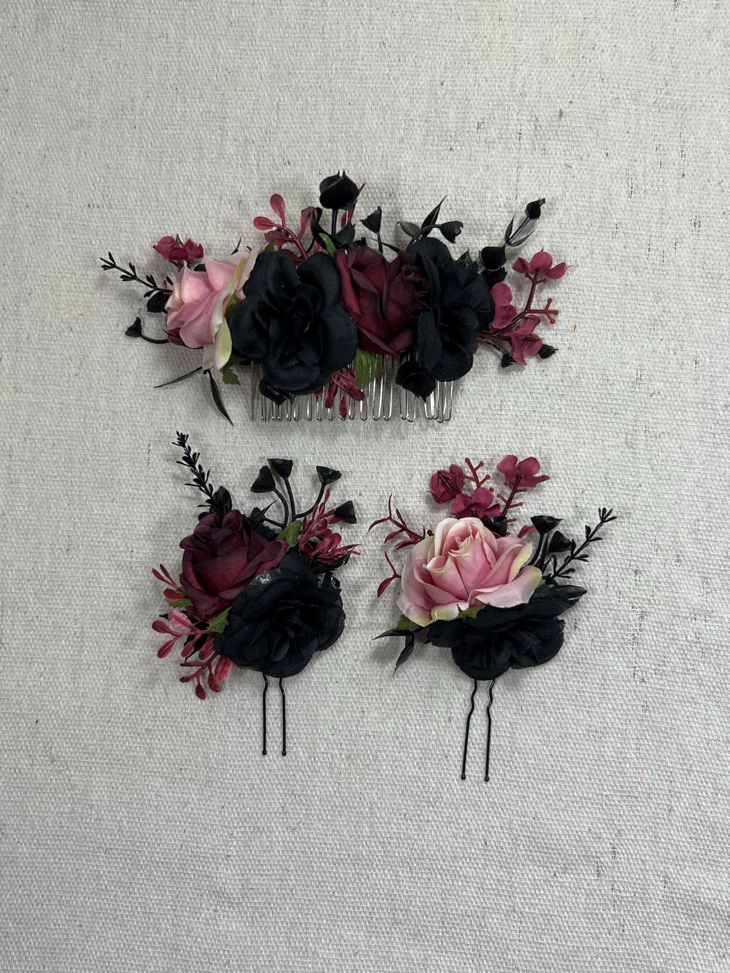 Black Hair Comb Wedding Burgundy Flower Girl Hairpiece Gothic Floral Hair Comb Decorative Black Accessories Dusty Rose Artificial Flower