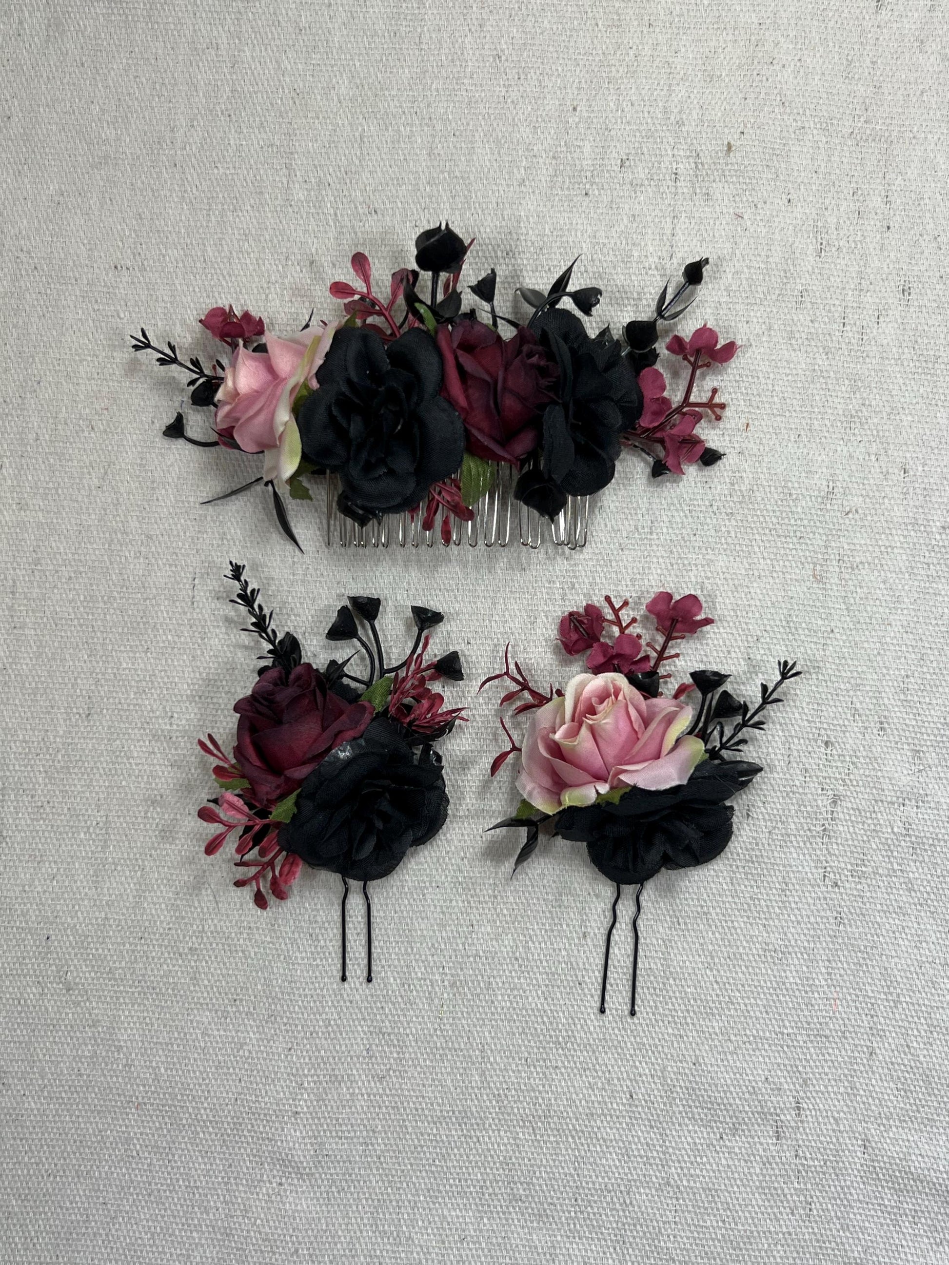 Black Hair Comb Wedding Burgundy Flower Girl Hairpiece Gothic Floral Hair Comb Decorative Black Accessories Dusty Rose Artificial Flower