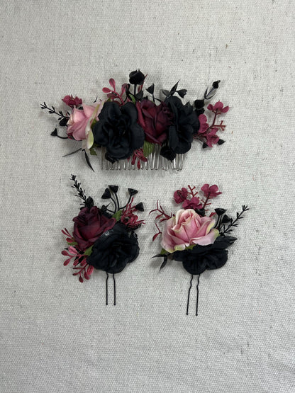 Black Hair Comb Wedding Burgundy Flower Girl Hairpiece Gothic Floral Hair Comb Decorative Black Accessories Dusty Rose Artificial Flower