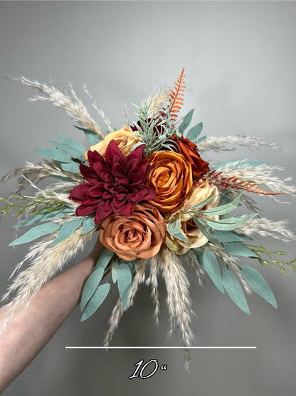 Orange Burgundy Bouquet Bridal Terracotta Cascade Bouquet Bridesmaids Rust Burgundy Burnt Orange Bouquet Fall Eucalyptus Pampas Grass