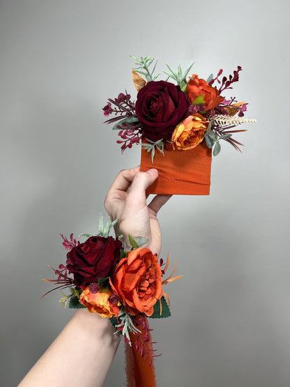 Orange Burgundy Bouquet Bridal Terracotta Cascade Bouquet Bridesmaids Rust Burgundy Burnt Orange Bouquet Fall Eucalyptus Pampas Grass