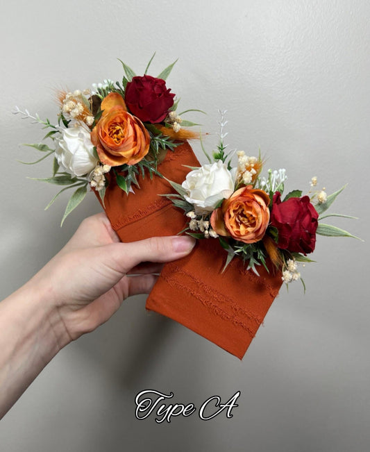 Burnt Orange Pocket Boutonniere, Fall Wedding Flowers, Burgundy Groom Pocket Square, Dark Red Terracotta Rose Groomsmen Boutonniere DUP