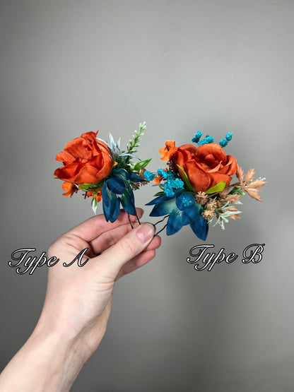 Orange Teal Hair Pin Wedding Rust Flower Girl Headpiece Terracotta Teal Hair Pin Floral Bridesmaids Orange Dark Teal Hair Pin Accessories