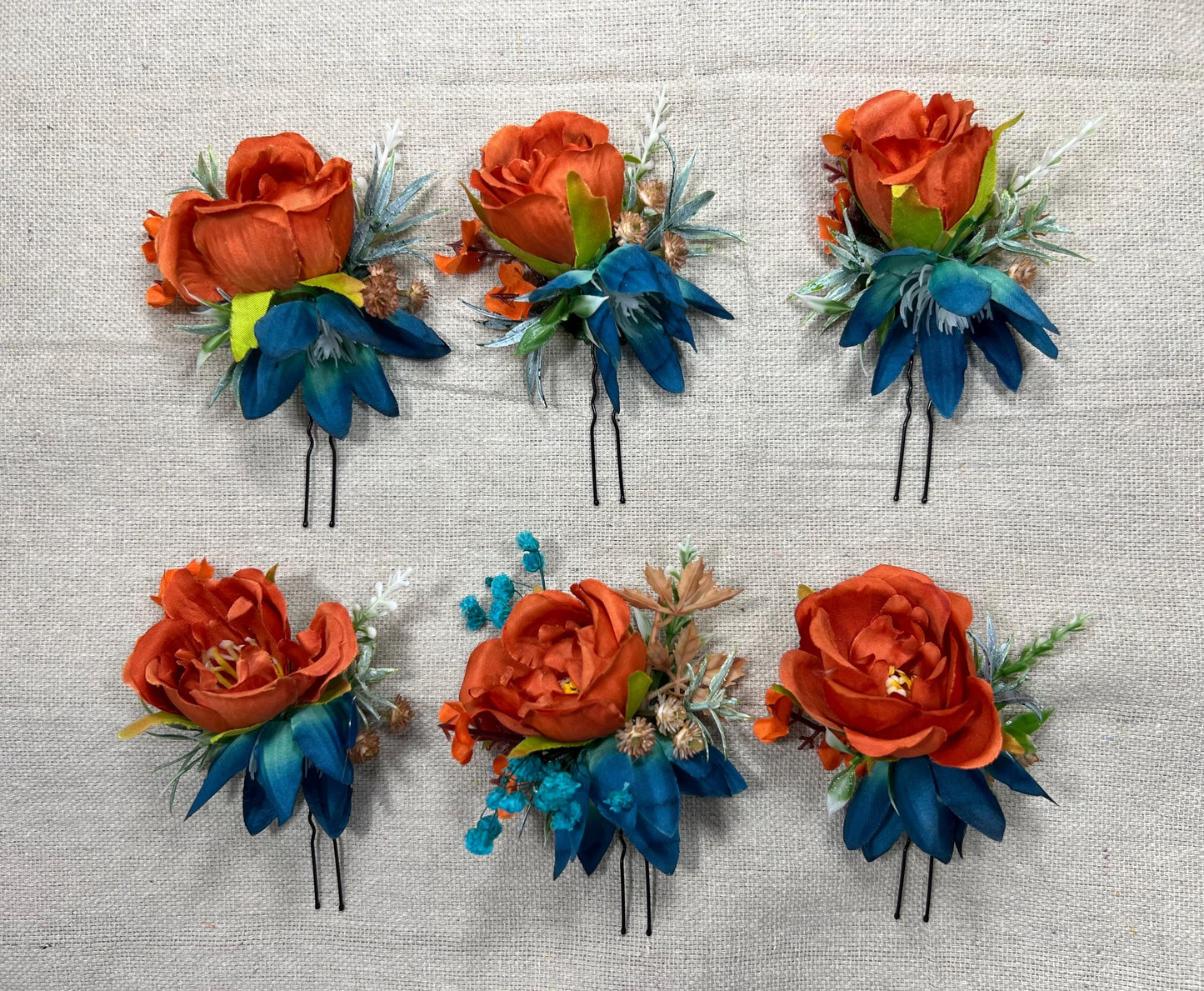 Orange Teal Hair Pin Wedding Rust Flower Girl Headpiece Terracotta Teal Hair Pin Floral Bridesmaids Orange Dark Teal Hair Pin Accessories