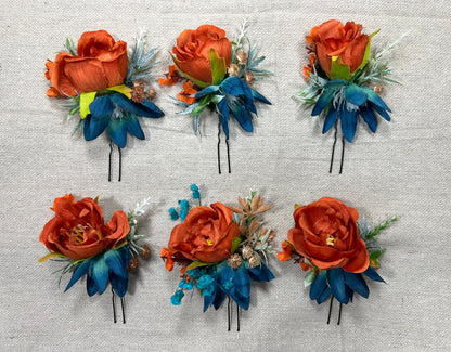 Orange Teal Hair Pin Wedding Rust Flower Girl Headpiece Terracotta Teal Hair Pin Floral Bridesmaids Orange Dark Teal Hair Pin Accessories