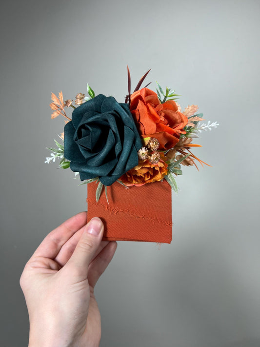 Dark Teal Pocket Boutonniere Wedding Rust Groom Boutonnière Square Teal Burnt Orange Groomsmen Terracotta Boutonniere Rust Dark Teal