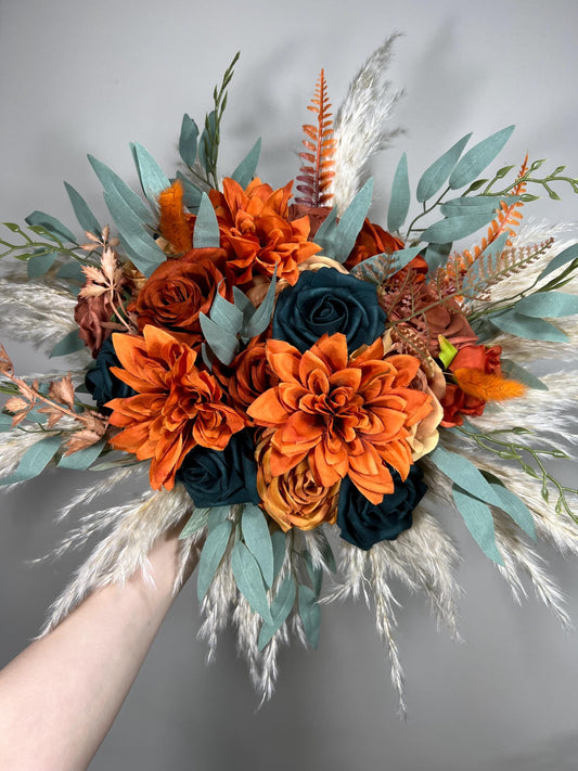 Dark Teal Bouquet Wedding Bridal Terracotta Bridesmaids Burnt Orange Rust Artificial Flowers Boho Pampas Grass