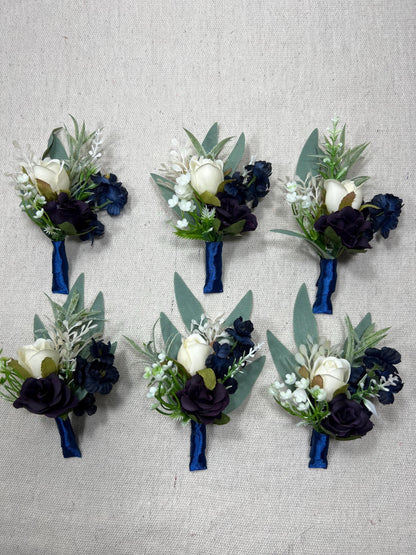 Blue Pocket Square Boutonniere Wedding Groom Navy Blue Royal White Boutonnières Pocket Purple Boutonnière Plum Artificial Flowers
