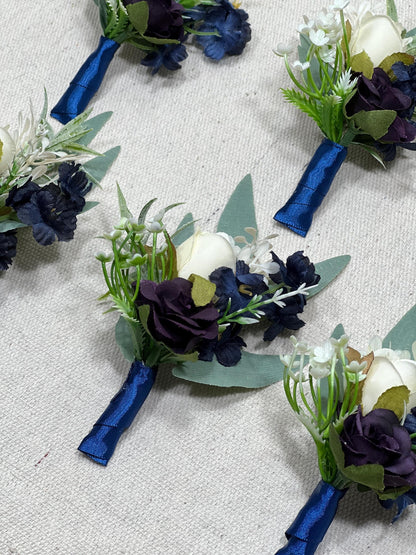 Blue Pocket Square Boutonniere Wedding Groom Navy Blue Royal White Boutonnières Pocket Purple Boutonnière Plum Artificial Flowers