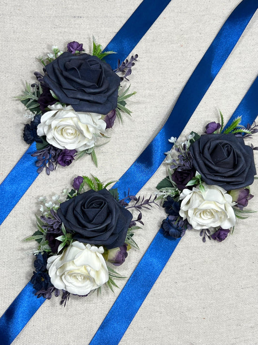 Blue Corsage Wedding Groom Navy Blue White Corsage Purple Ivory Corsage Plum Artificial Flowers