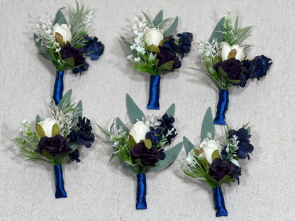 Blue Pocket Square Boutonniere Wedding Groom Navy Blue Royal White Boutonnières Pocket Purple Boutonnière Plum Artificial Flowers