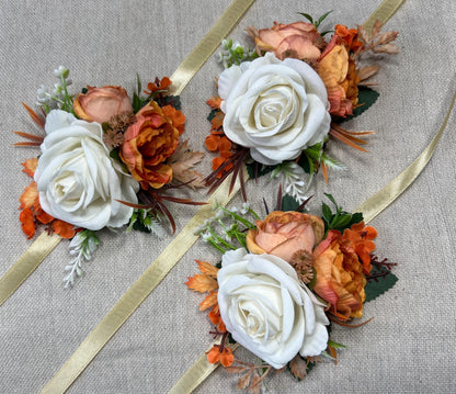 Orange Pocket Boutonniere Terracotta Groom Boutonnière Square Groomsmen Rust White Burnt Orange Ivory Boutonniere Fall Artificial Flowers