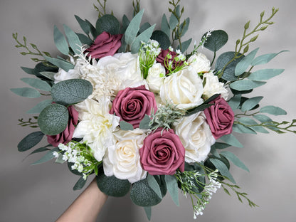 Mauve Bouquet Wedding Bridal White Mauve Bouquet Pink Ivory Bridesmaids Bouquet Mauve White Sage Eucalyptus Artificial Flower