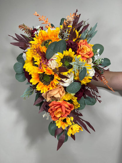 Sunflower Bouquet Wedding Bridal Boho Sunflower Cascade Bouquet Fall Burgundy Sunflower Bridesmaids Bouquet White Artiricial Flower