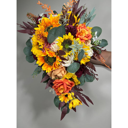 Sunflower Bouquet Wedding Bridal Boho Sunflower Cascade Bouquet Fall Burgundy Sunflower Bridesmaids Bouquet White Artiricial Flower Reddit
