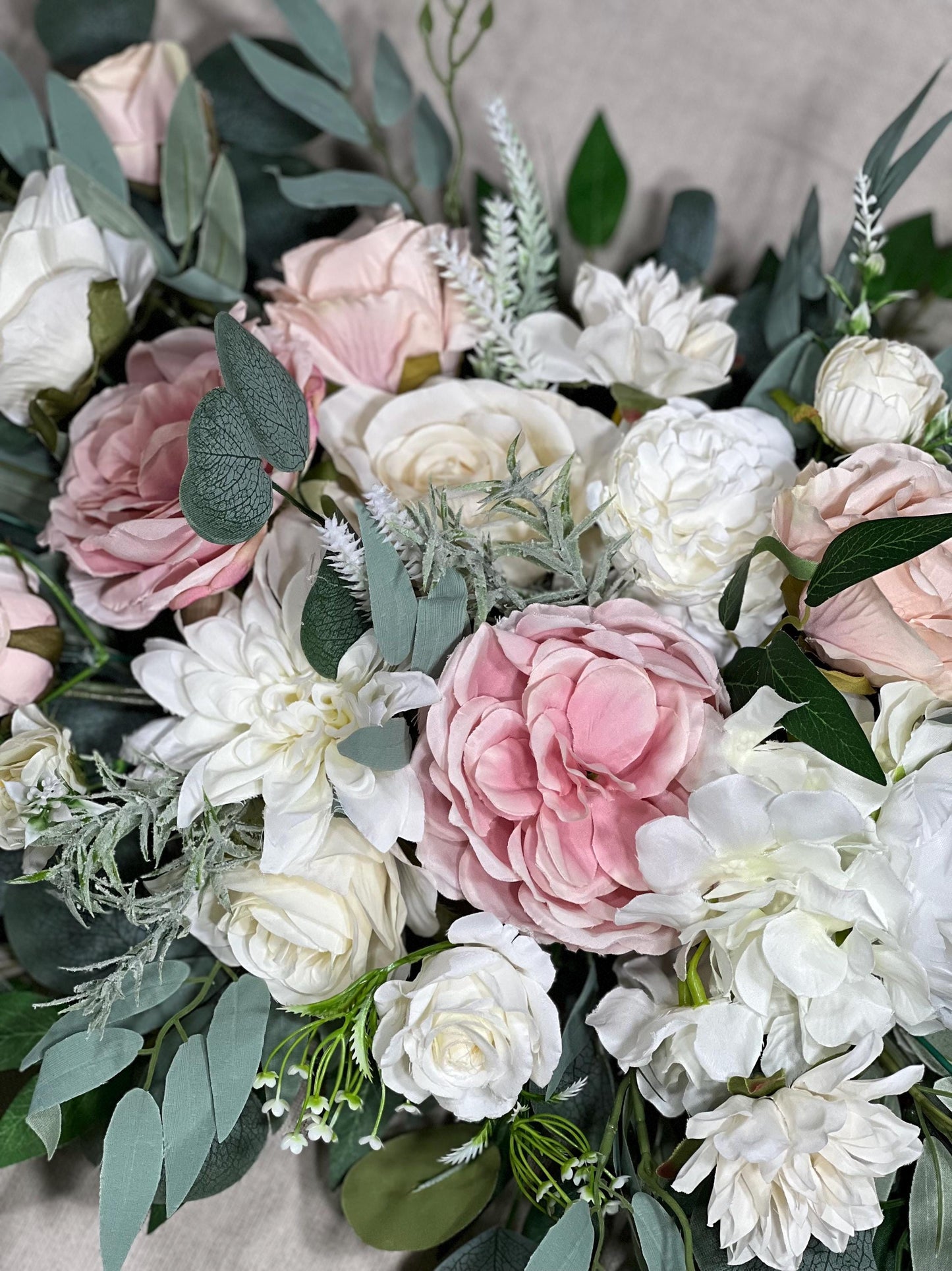 White Pink Arch Arrangement Cross Ivory Arch Aisle Arrangement Blush Decor White Sage Artificial Flowers Eucalyptus Arbor Arrangement