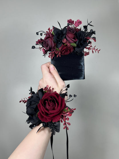 Black Bouquet Cascade Burgundy Bridal Gothic Halloween Cascading Bouquet Black Decor Burgundy Gold Artificial Flower Bridesmaids Black