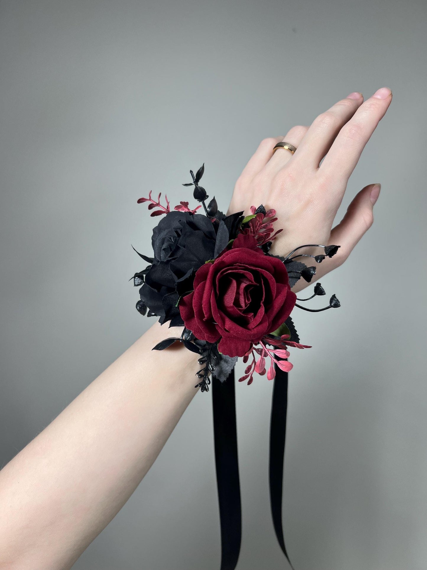 Black Burgundy Corsage Wedding Gothic Wrist Corsage Bridesmaids Black Corsage Mom Black Burgundy Accessories Artificial Flower