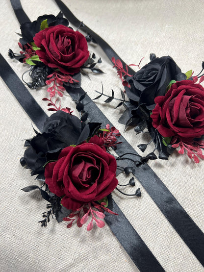 Black Burgundy Corsage Wedding Gothic Wrist Corsage Bridesmaids Black Corsage Mom Black Burgundy Accessories Artificial Flower