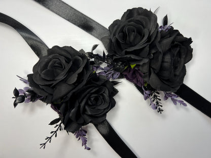 Black Purple Corsage Wedding Gothic Wrist Corsage Bridesmaids Black Corsage Mom Plum Black Dark Purple Artificial Flower