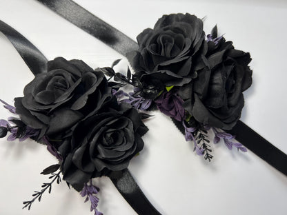 Black Purple Corsage Wedding Gothic Wrist Corsage Bridesmaids Black Corsage Mom Plum Black Dark Purple Artificial Flower