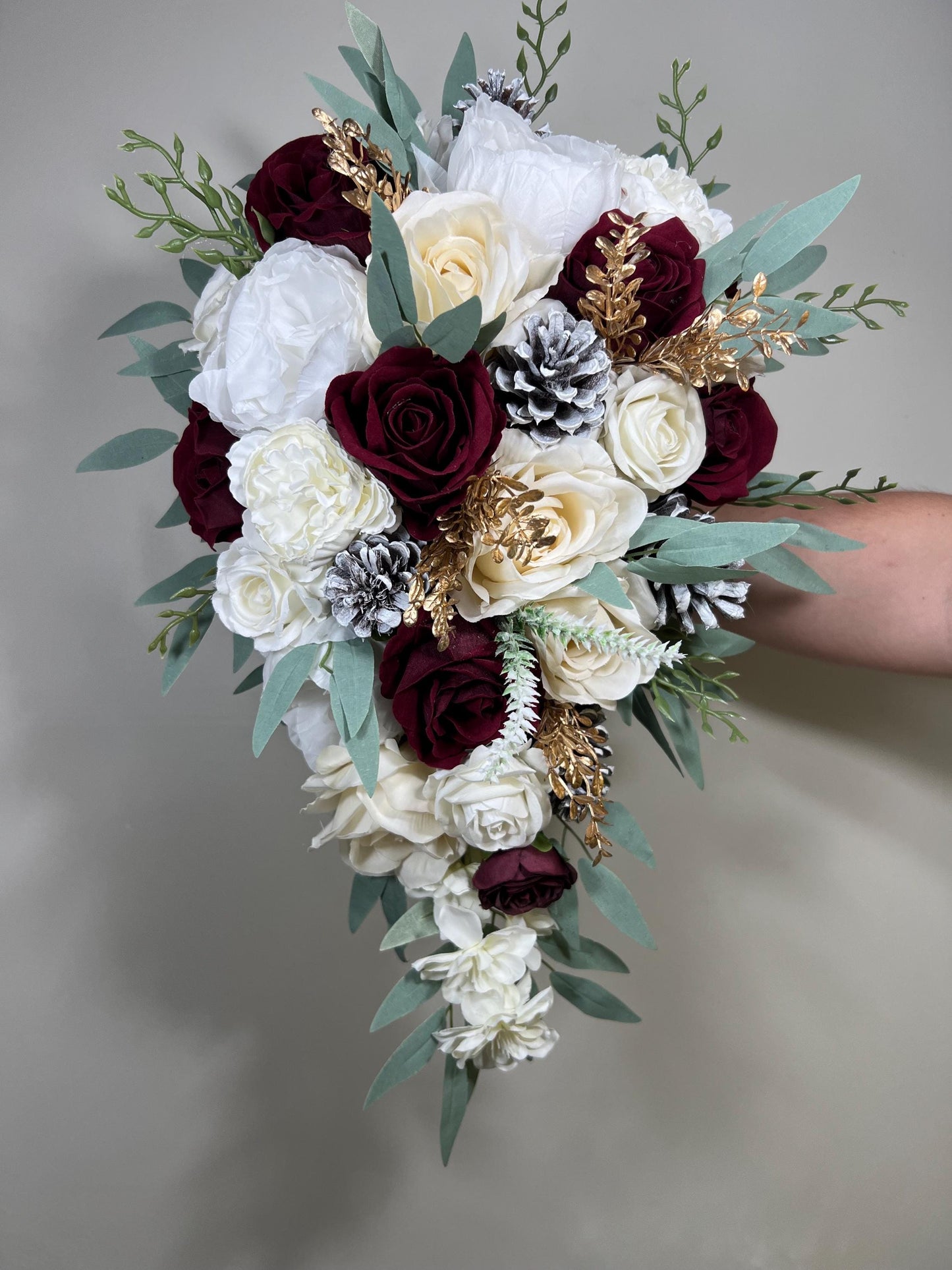 Wedding Cascade Christmas Bouquet Cascading White Winter Burgundy Christmas Bridal Ivory Rustic Bridesmaids Bouquet Gold Christmas Pine Cone