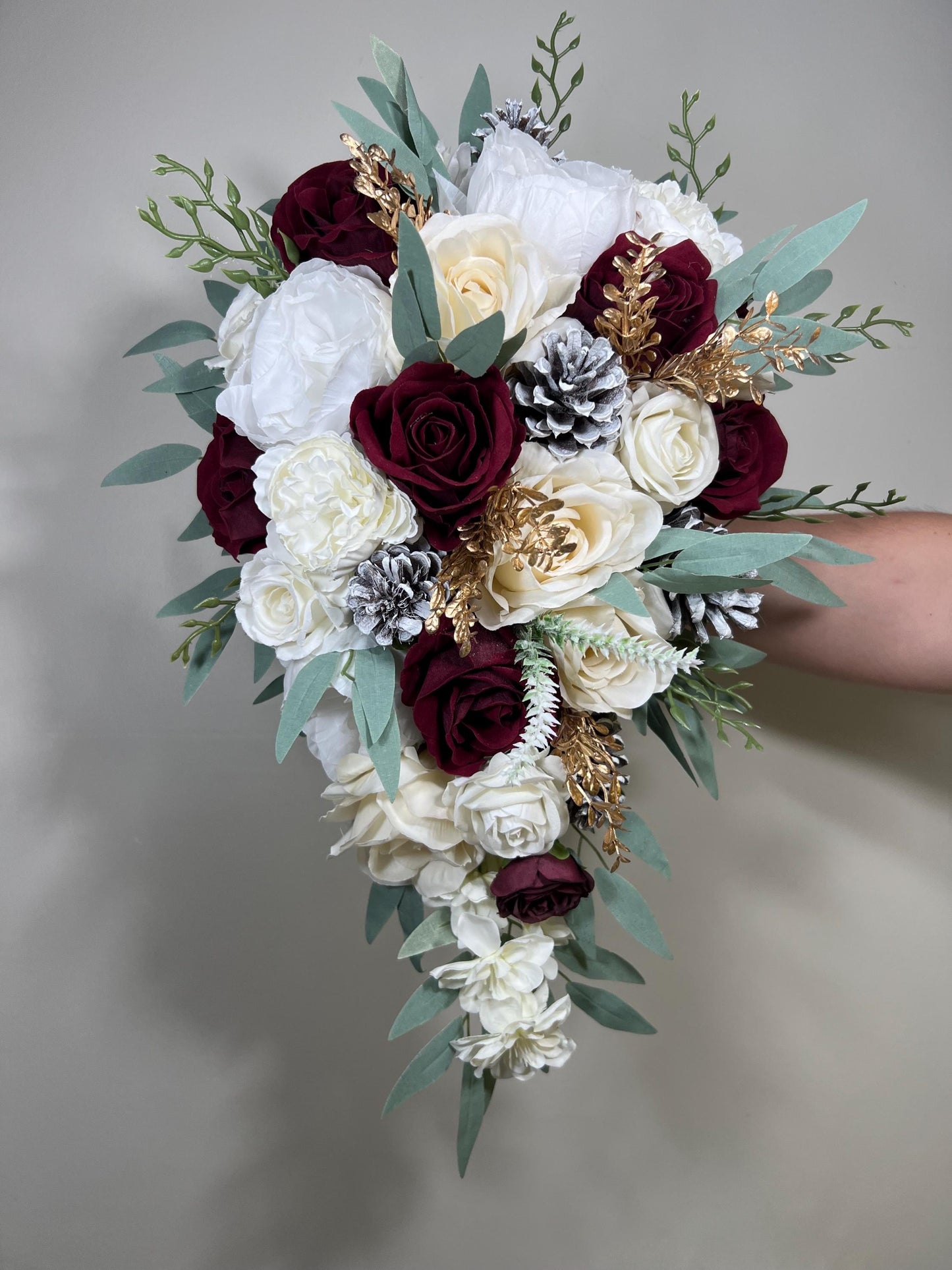 Wedding Cascade Christmas Bouquet Cascading White Winter Burgundy Christmas Bridal Ivory Rustic Bridesmaids Bouquet Gold Christmas Pine Cone