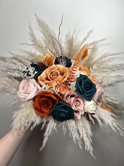 Dark Teal Bouquet Bridal Rust Bouquet Terracotta Dusty Rose Bridesmaids Bouquet Burnt Orange Dark Teal Pampas Grass