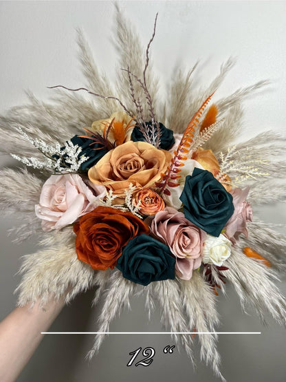 Dark Teal Bouquet Bridal Rust Bouquet Terracotta Dusty Rose Bridesmaids Bouquet Burnt Orange Dark Teal Pampas Grass