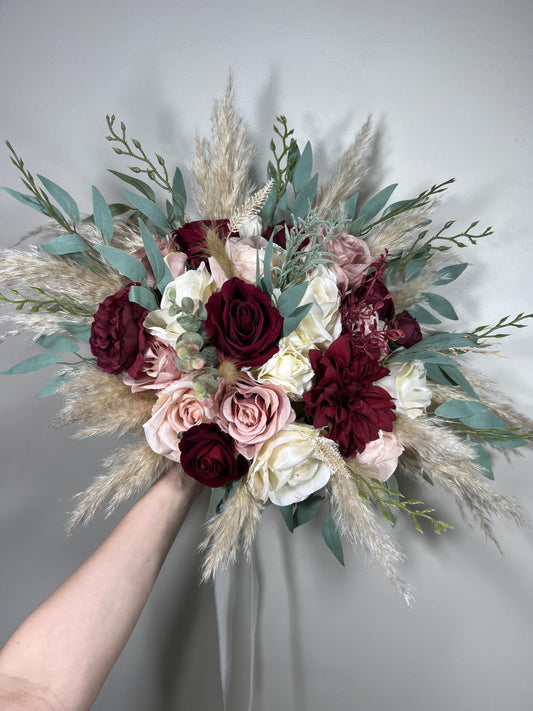 Burgundy Pink Bouquet Wedding Bridal Dusty Rose Bouquet Ivory Burgundy Bridesmaids Bouquet Dusty Rose Champagne Pampas Grass Eucalyptus