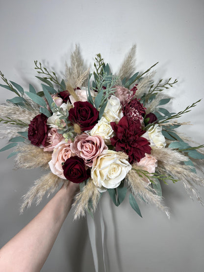 Burgundy Pink Bouquet Wedding Bridal Dusty Rose Bouquet Ivory Burgundy Bridesmaids Bouquet Dusty Rose Champagne Pampas Grass Eucalyptus