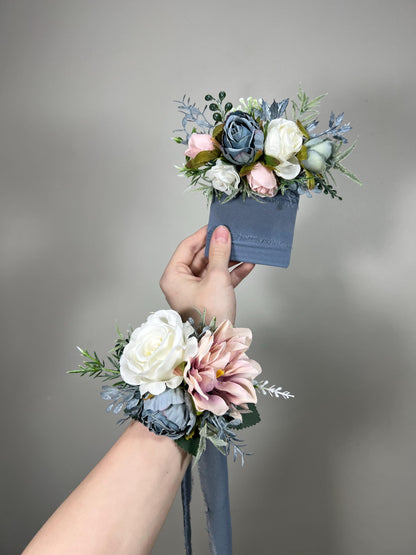 Blue Pink Bouquet Wedding Bridal Bouquet Dusty Blue White Bouquet Ivory Bridesmaids Blush Dusty Blue Bouquet Dusty Rose Artificial Flower