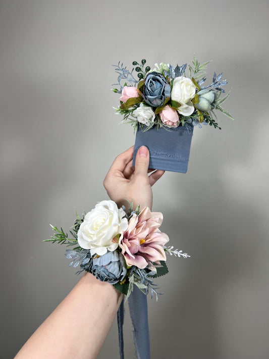 Wedding Blue Corsage White Wedding Wrist Corsage Dusty Rose Bridesmaids Dusty Blue Light Corsage Pink Mom Corsage Artificial Flowers