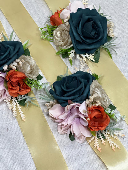 Teal Rust Corsage Wedding Dusty Rose Terracotta Corsage White Gold Dark Teal Boutonniere Rust Teal Artifical Flower