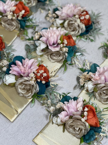 Teal Rust Corsage Wedding Dusty Rose Terracotta Corsage White Gold Dark Teal Boutonniere Rust Teal Artifical Flower