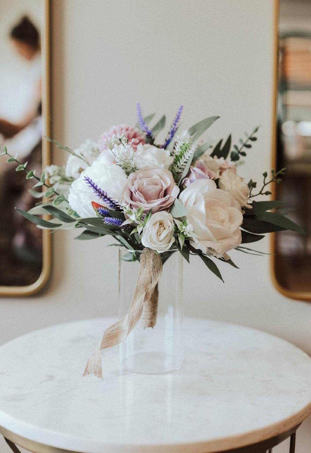 Wedding Lavender Bouquet Purple Bridal Violet Bouquet Bridesmaids Lilac Dandelion White Eucalyptus Ivory Wild Flowers Artificial