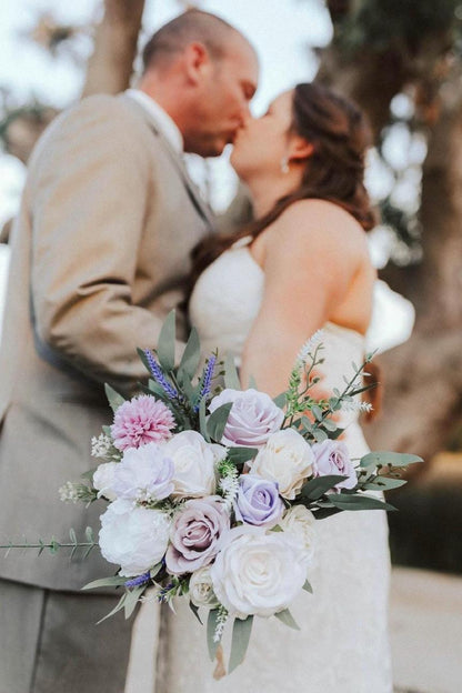 Wedding Lavender Bouquet Purple Bridal Violent Bouquet Plum Bridesmaids Lilac Dandelion White Eucalyptus Ivory Wild Flowers Artificial