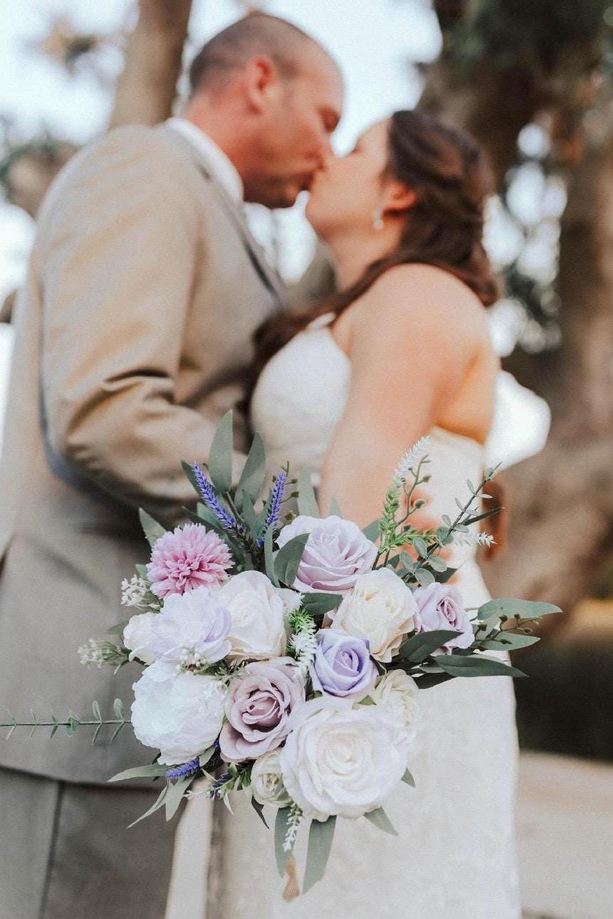 Wedding Lavender Bouquet Purple Bridal Violet Bouquet Bridesmaids Lilac Dandelion White Eucalyptus Ivory Wild Flowers Artificial