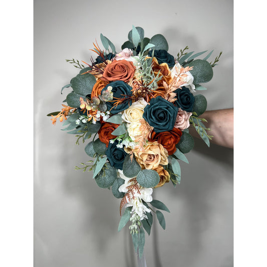 Dark Teal Orange Bouquet Wedding Bridal Cascade Bouquet Rust Teal Dusty Rose Bouquet Dark Teal Terracotta Blush Burnt Orange Eucalyptus