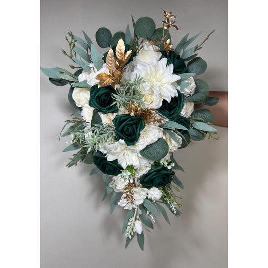 Emerald Green Bouquet Bridal Cascade White Hunter Green Bridesmaids Bouquet Emerald Green Forest Ivory Cascading Bouquet Gold Artificial